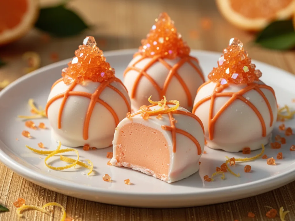 Vibrant orange creamsicle truffles on a rustic wooden board with orange slices and white chocolate chips.