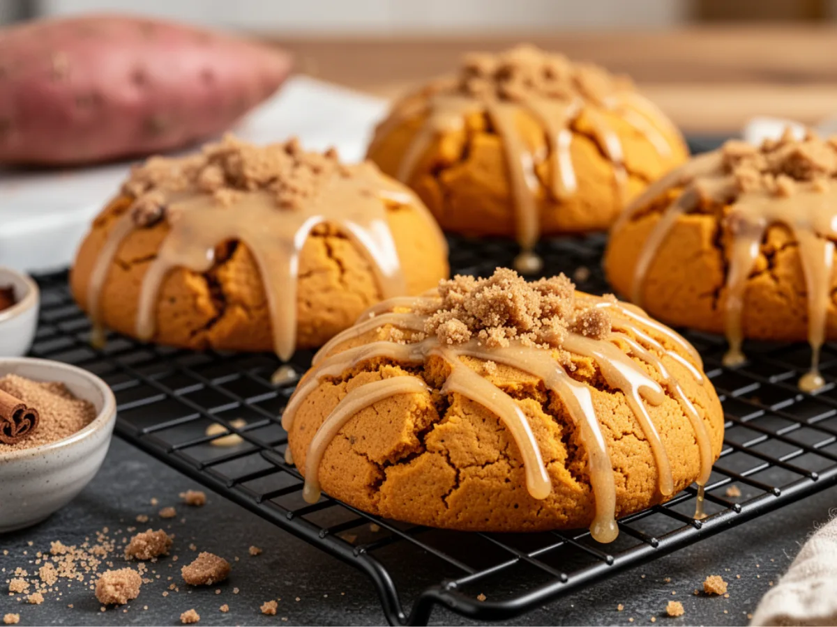 Glazed Sweet Potato Honeybun Cookies on a rustic plate.