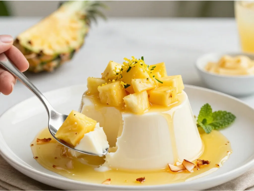 Tropical Panna Cotta Recipe featuring a white coconut milk base and golden pineapple topping.
