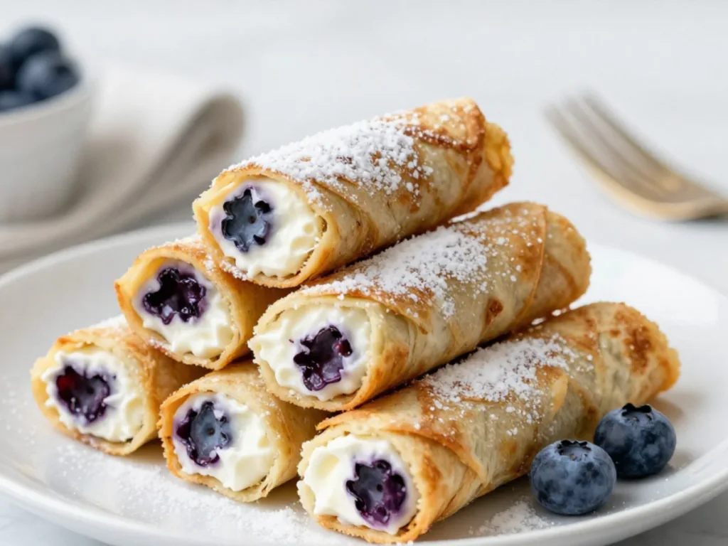 Close-up of melted cream cheese and blueberries inside a keto tortilla.