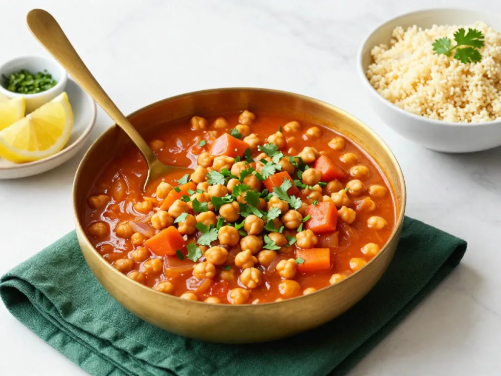 A bowl of slow cooker dump moroccan chickpea stew dinner vegetarian next to a piece of warm naan bread.