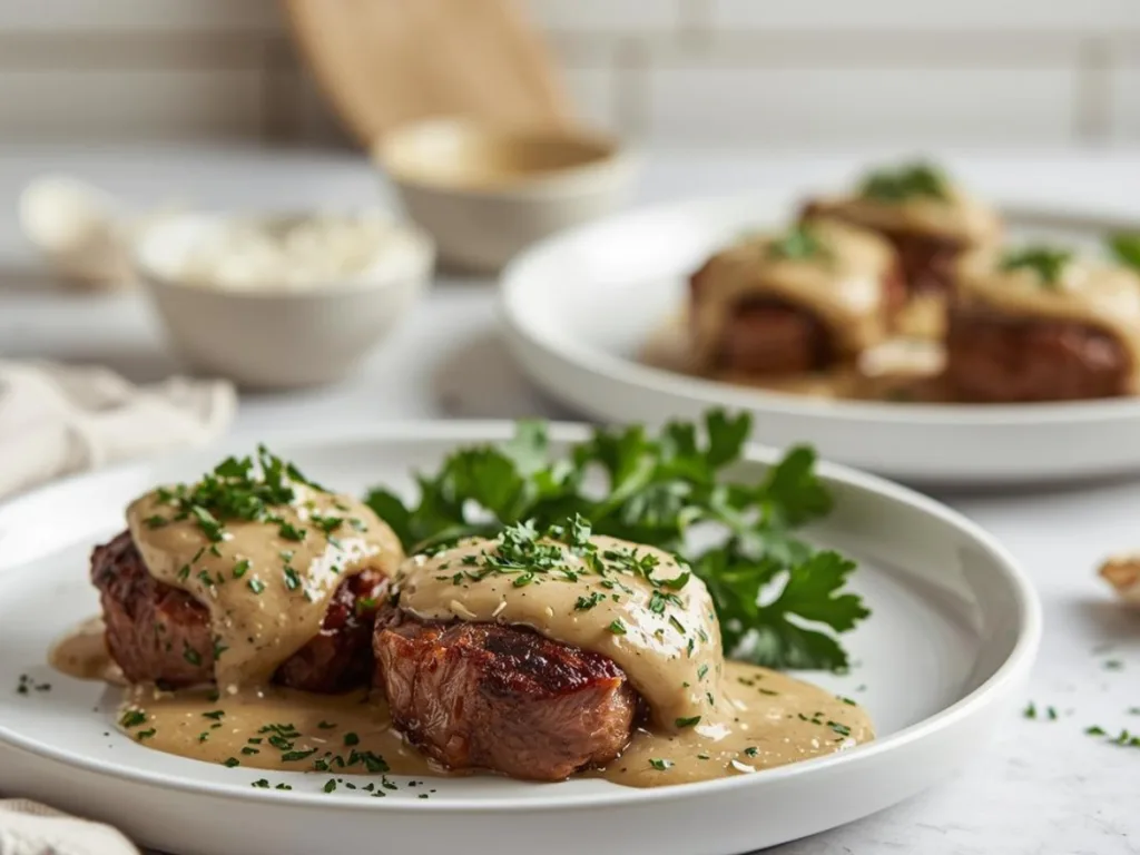 Juicy Garlic Parmesan Steak Bites in a cast iron skillet.