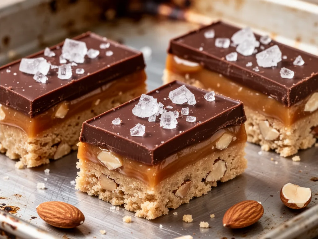Vegan No Bake Almond-Butter Twix Bars on parchment.