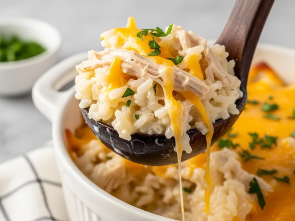 A close-up of a creamy and cheesy slow cooker chicken and rice casserole dinner garnished with parsley in a white bowl. 2