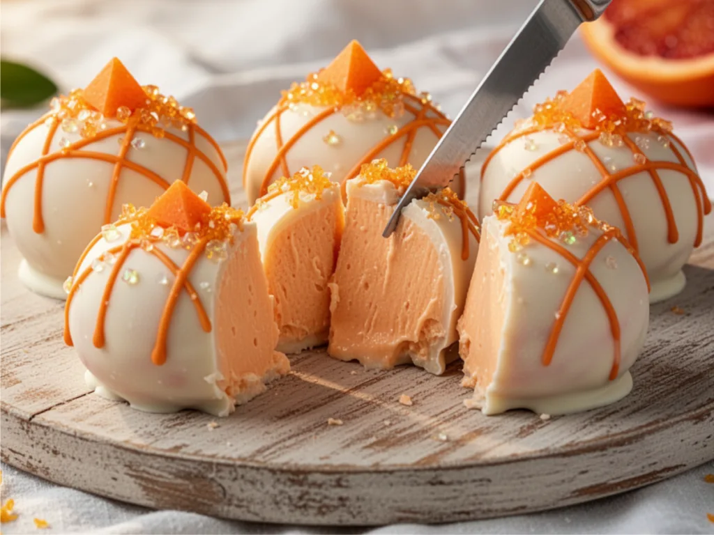 Delicious homemade orange creamsicle truffles garnished with orange zest and a sprinkle of shredded coconut.