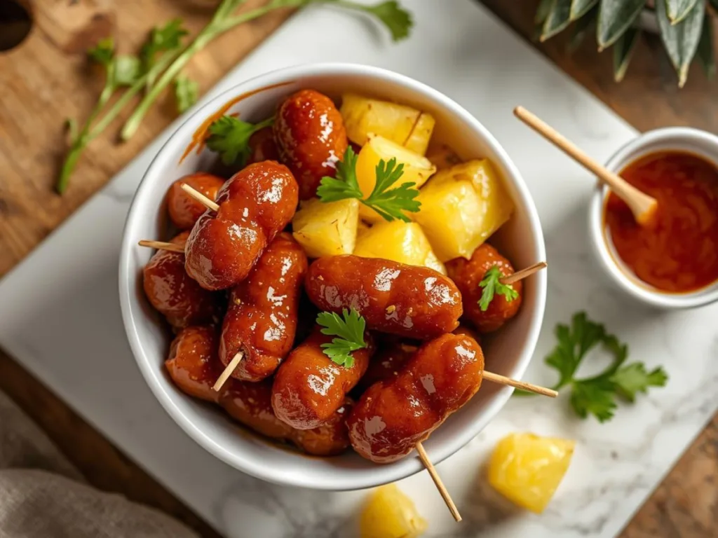 Slow cooker filled with Pineapple Brown Sugar Mississippi Lil’ Smokies Bites showcasing the glossy Pineapple Sauce and tender cocktail sausages.