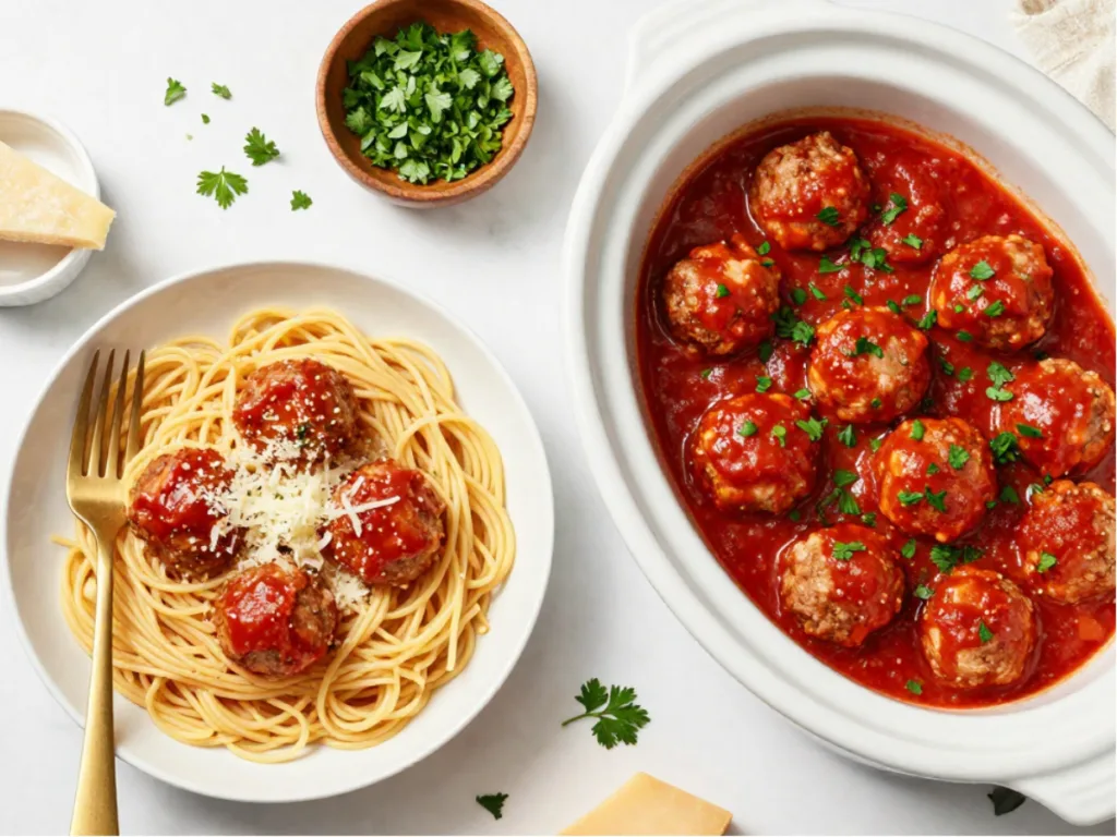 Family-style serving of slow cooker dump turkey meatball marinara dinner with garlic bread on the side.