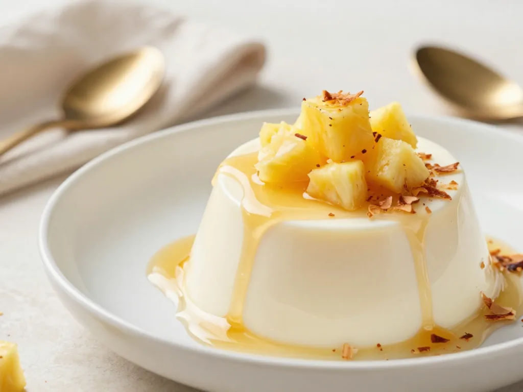Easy Coconut Panna Cotta Dessert served on a minimalist white plate with toasted coconut flakes.