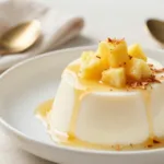 Easy Coconut Panna Cotta Dessert served on a minimalist white plate with toasted coconut flakes.