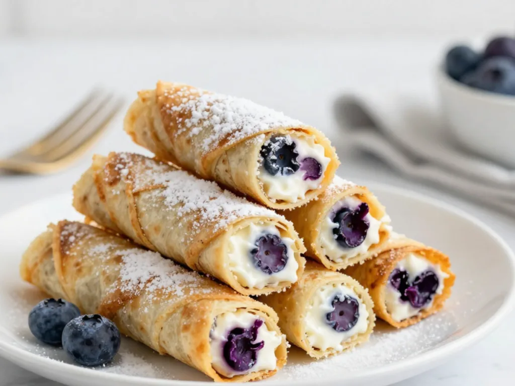 A stack of four keto blueberry cream cheese roll-ups.