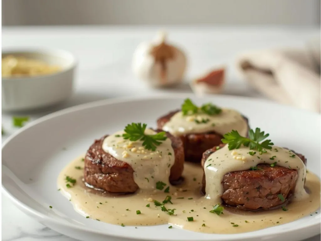 Slow cooker Garlic Parmesan Steak Bites with rich gravy.