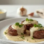 Slow cooker Garlic Parmesan Steak Bites with rich gravy.