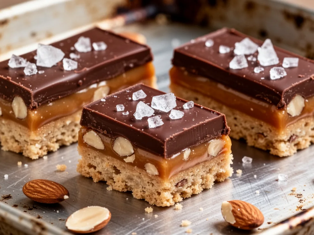 Gluten free No Bake Almond-Butter Twix Bars stack.