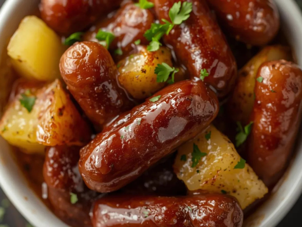 Serving platter of Pineapple Brown Sugar Mississippi Lil’ Smokies Bites with toothpicks and a side of extra Pineapple Glaze for dipping.