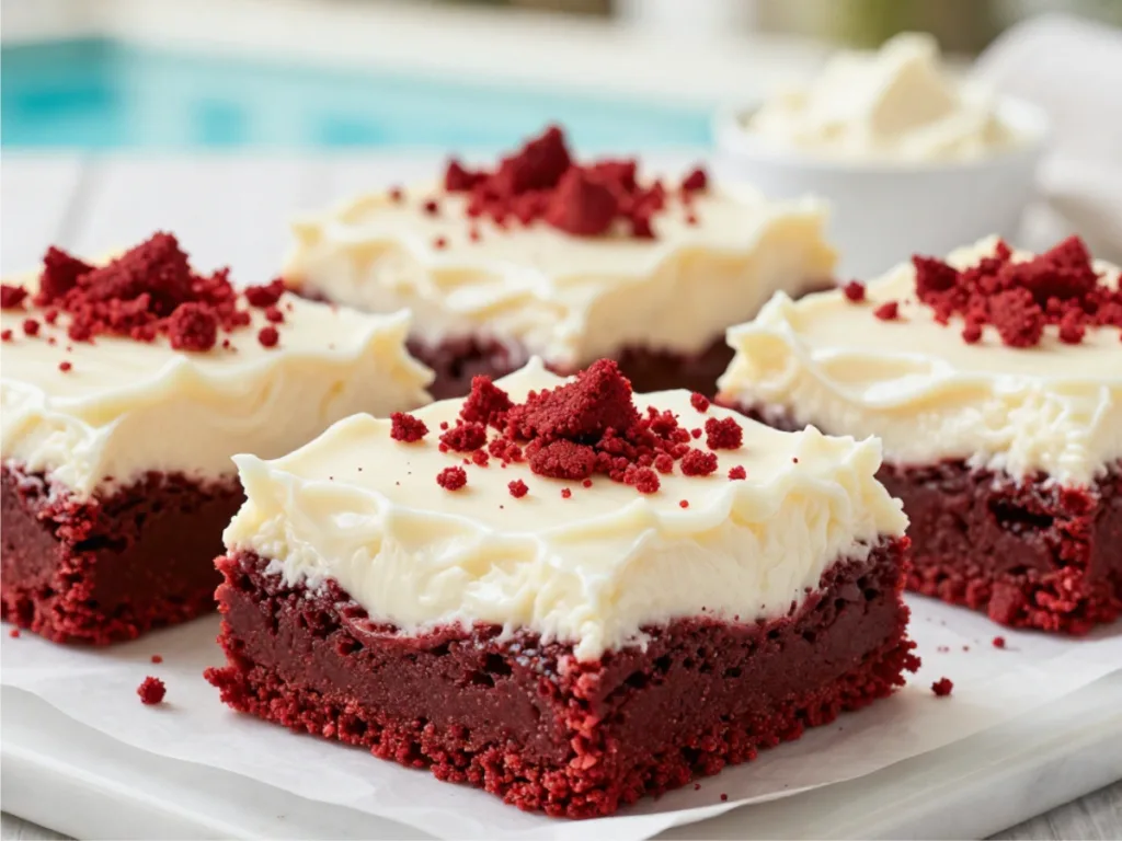 Detailed view of the moist crumb of Red Velvet Cookies in bar form, featuring a rich cocoa base and smooth frosting.