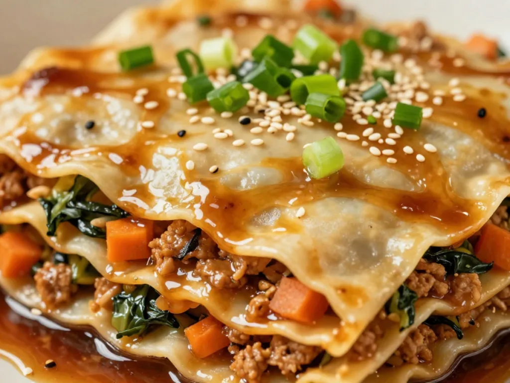 Layered Asian Dumpling Lasagna Soy close-up