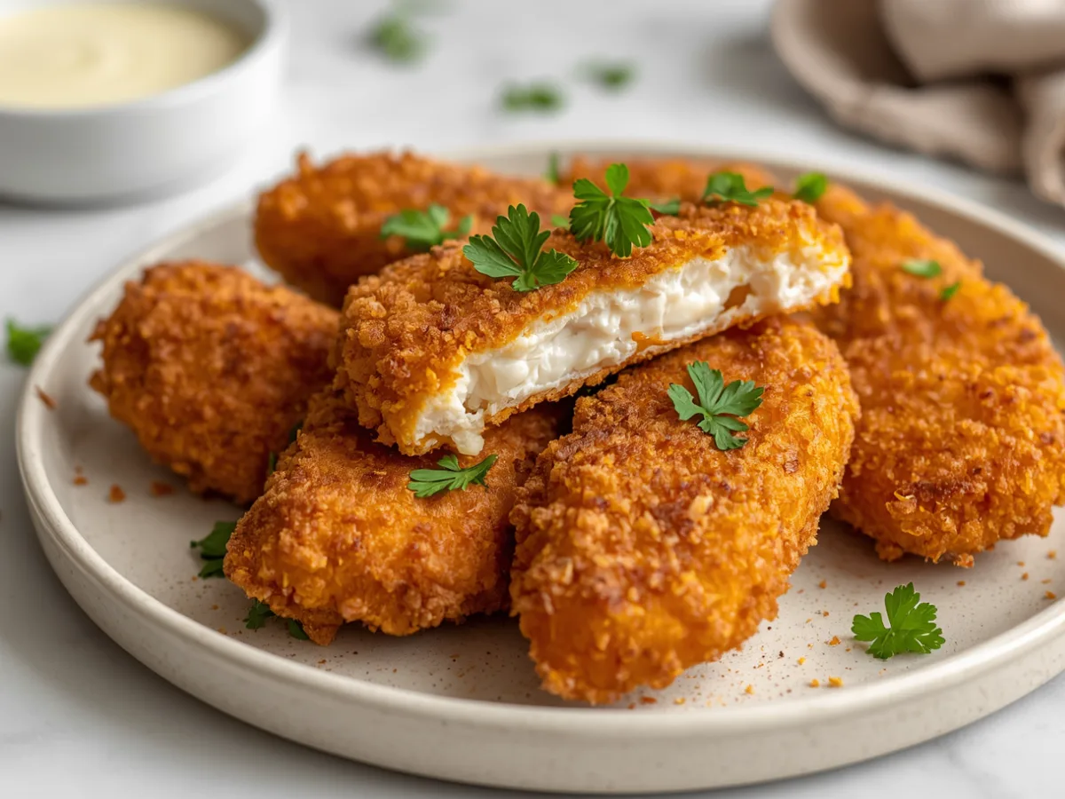 Golden crispy Air Fryer Chicken Tenders on a plate.