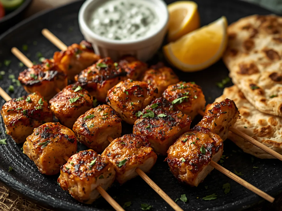 Grilled Greek Chicken Souvlaki skewers with lemon and herbs.