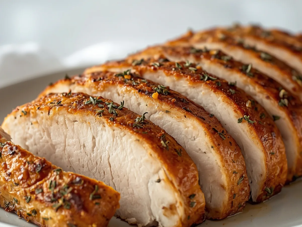 Sliced Butterball Crockpot Turkey Breast on a plate.