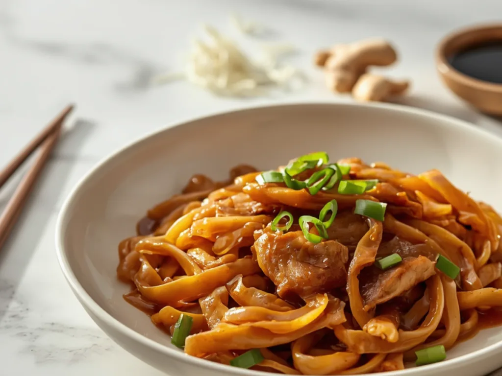 Sizzling Chicken Chow Fun in wok