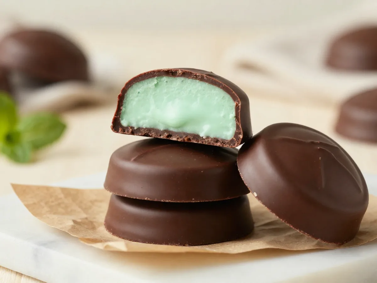 Homemade Chocolate Mint Patties with a creamy white center and dark coating.