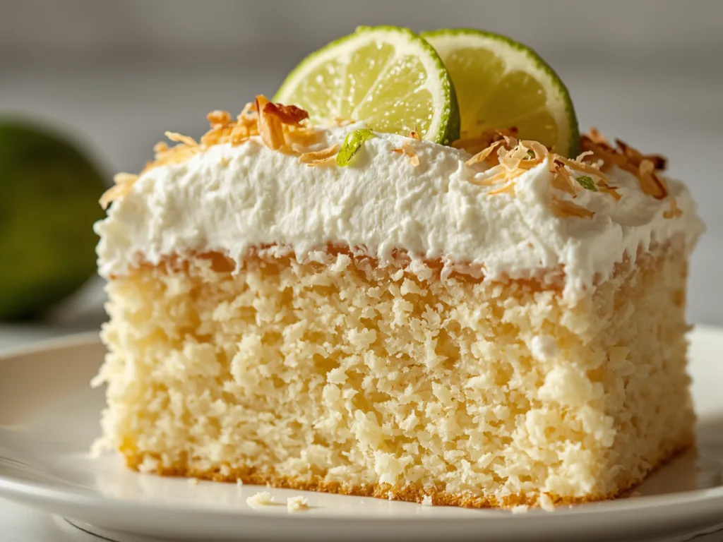 Sliced Coconut Lime Poke Cake with zest
