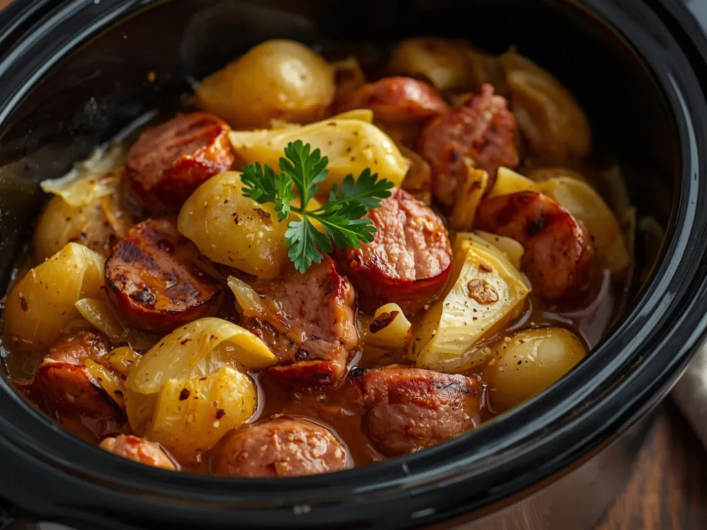 Rustic bowl of cabbage and sausage.
