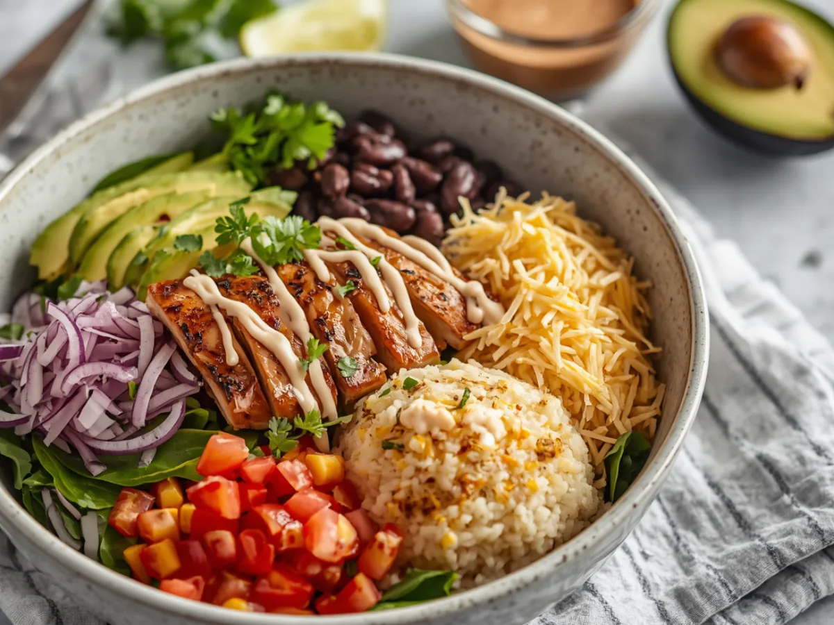 Vibrant Easy Chicken Taco Rice Bowls with toppings.