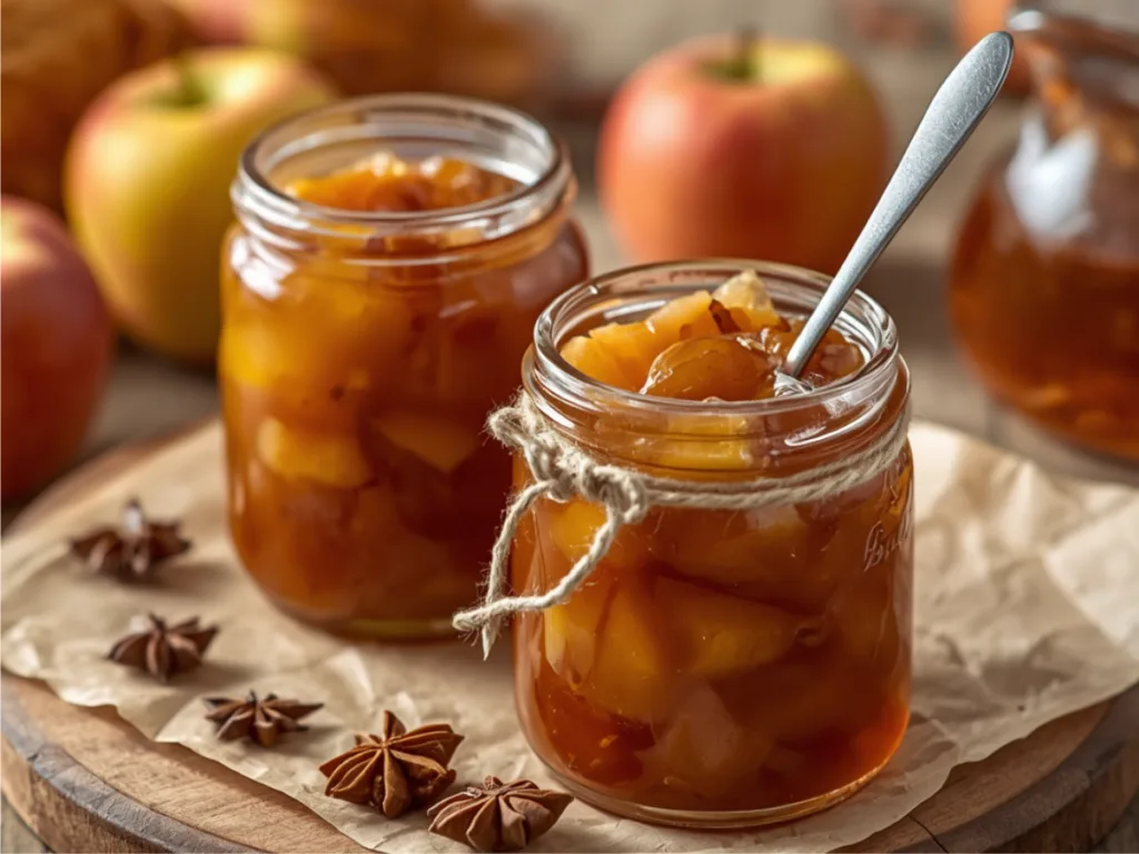 Jars of Easy Fall Caramel Apple Jam on a rustic table.