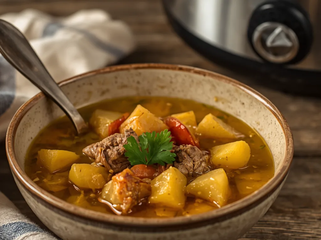 Tender lamb and potato curry slow cooker served with rice.