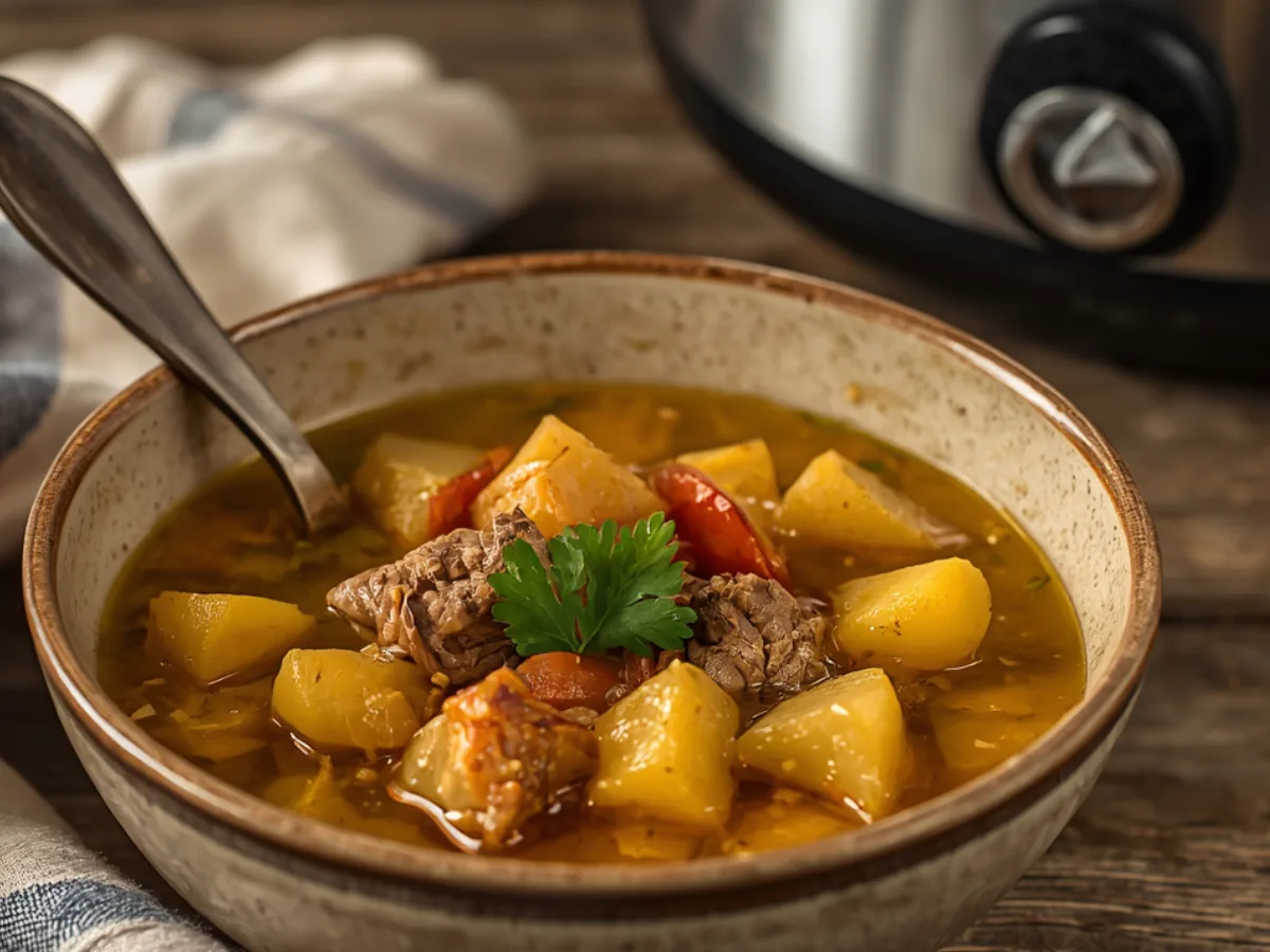 Tender lamb and potato curry slow cooker served with rice.