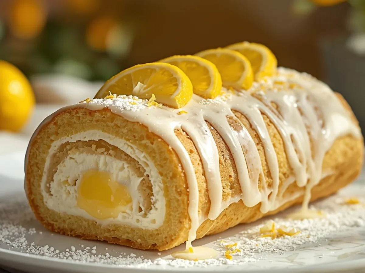 A whole Lemon Cream Roll Cake with Lemon Glaze on a serving platter.