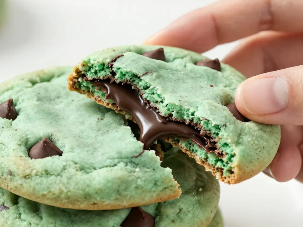 Soft mint chocolate chip cookies on a plate.