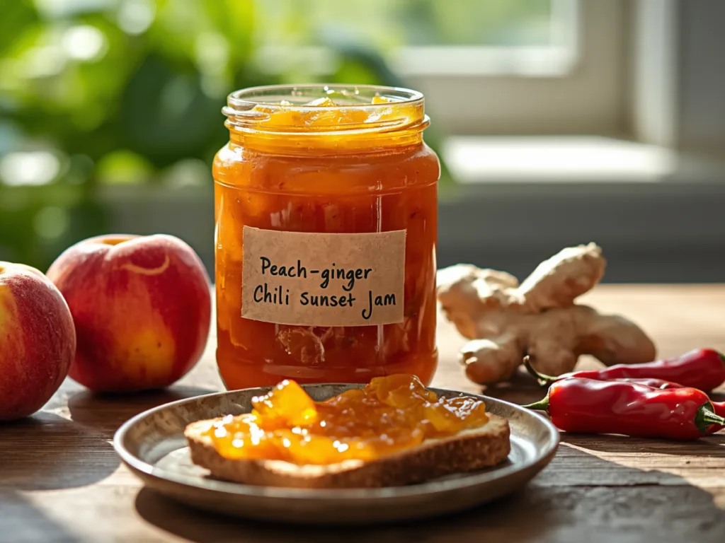 A 4:3 close-up of a glass jar filled with golden Peach-Ginger Chili Sunset Jam, showing chunks of fruit and red chili flakes on a rustic wooden table with fresh peaches and ginger.