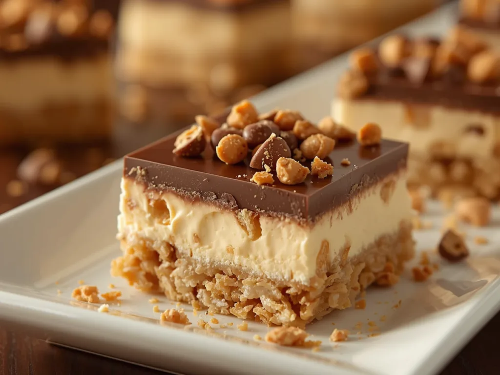 Scotcheroo Cheesecake Bars on a platter