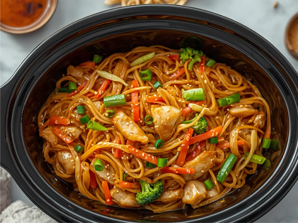Close-up of Slow Cooker Chicken Lo Mein with tender chicken, noodles, and vibrant vegetables in a savory sauce.