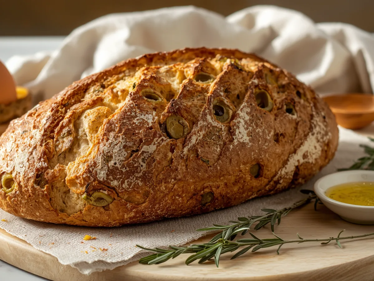 Sourdough Loaf with Olive Oil and Egg on rustic table