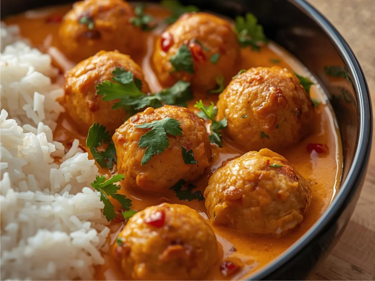 Close-up of Thai Chicken Meatballs in Coconut Curry garnished with fresh cilantro and red chilies.