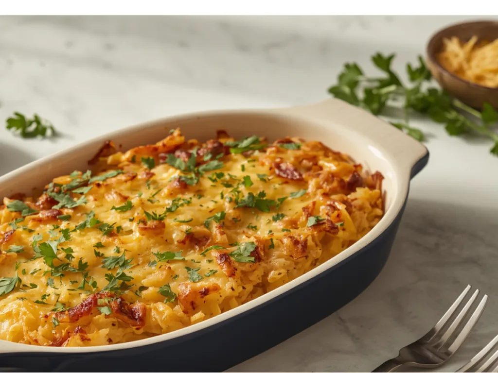 A scoop of rotisserie chicken hash brown casserole being lifted from a baking dish with melted cheese.