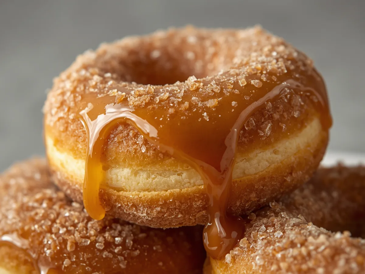 Freshly baked Caramel Apple Cider Donuts with a shimmering salted caramel glaze and autumn spices.