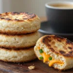 Savory Cheddar Scallion Sourdough English Muffins on a wooden board.