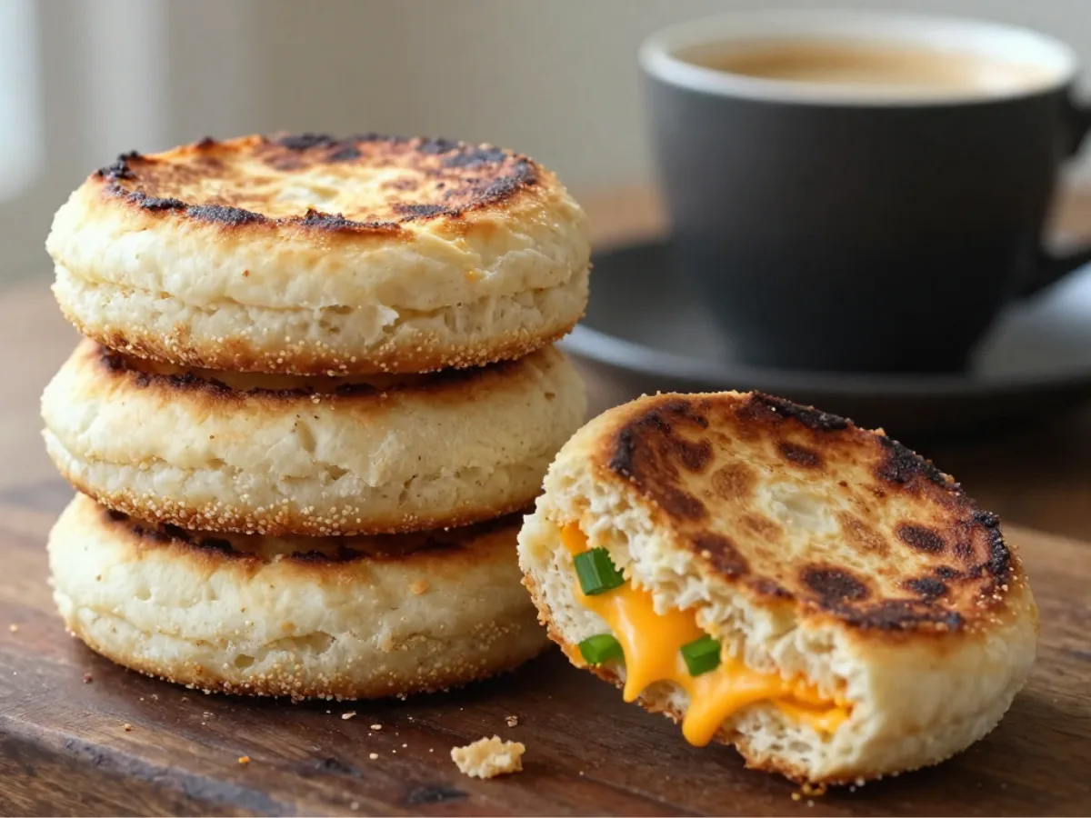 Savory Cheddar Scallion Sourdough English Muffins on a wooden board.