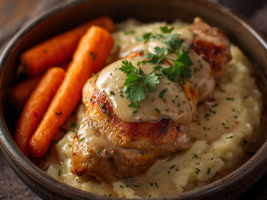 Golden herb chicken thighs with carrots & mash on a white plate.