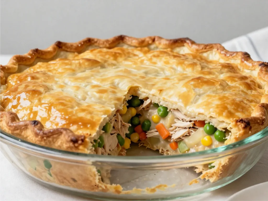 Golden flaky sourdough discard pie crust on pot pie.