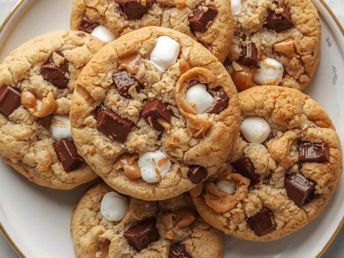 Soft Peanut Butter Swirl Sourdough S'mores Cookies with golden edges.
