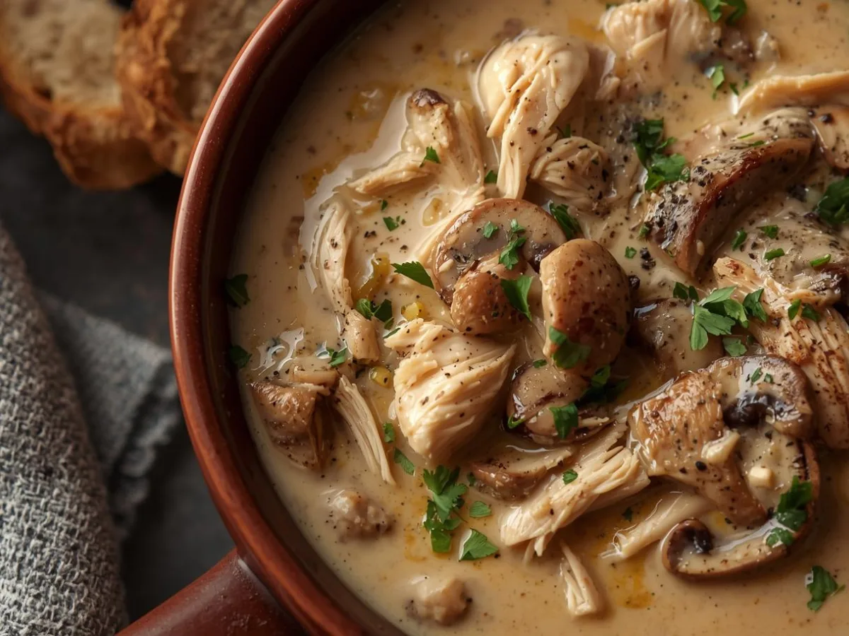 Rotisserie Chicken Mushroom Soup in a ceramic bowl.