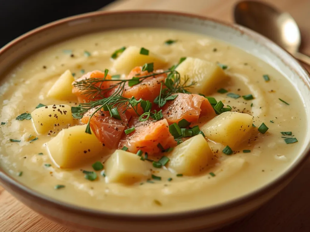 Text: Creamy Smoked Salmon Potato Chowder in a white ceramic bowl.