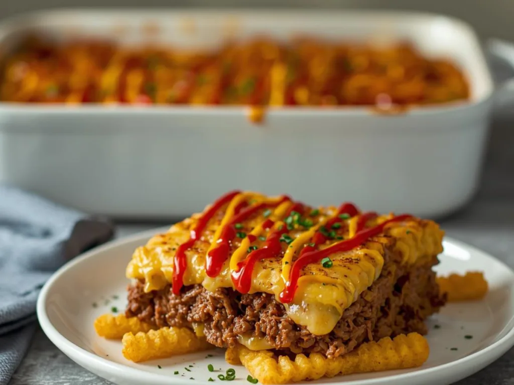 A close-up shot of Cheeseburger French Fry Bake with melted cheddar and pickles.