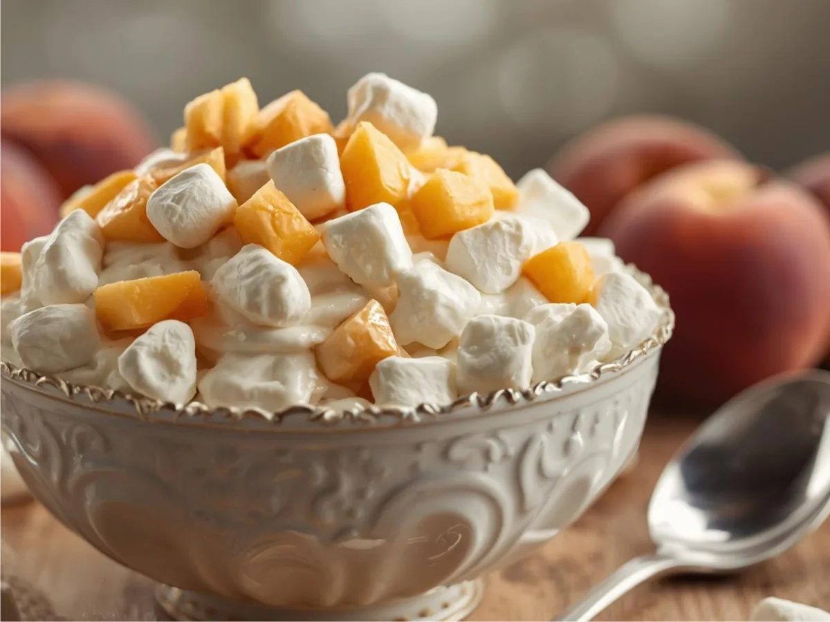 A large bowl filled with creamy Peach Fluff topped with fresh peach slices.