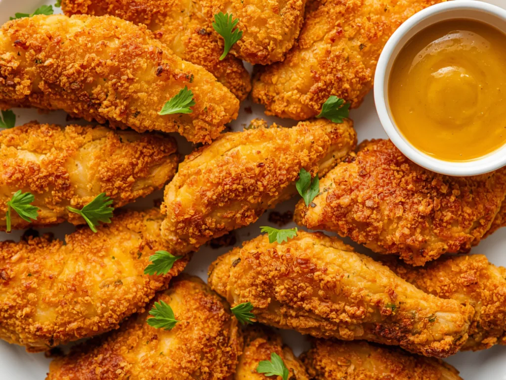 Air Fryer Chicken Tenders with honey mustard dip.